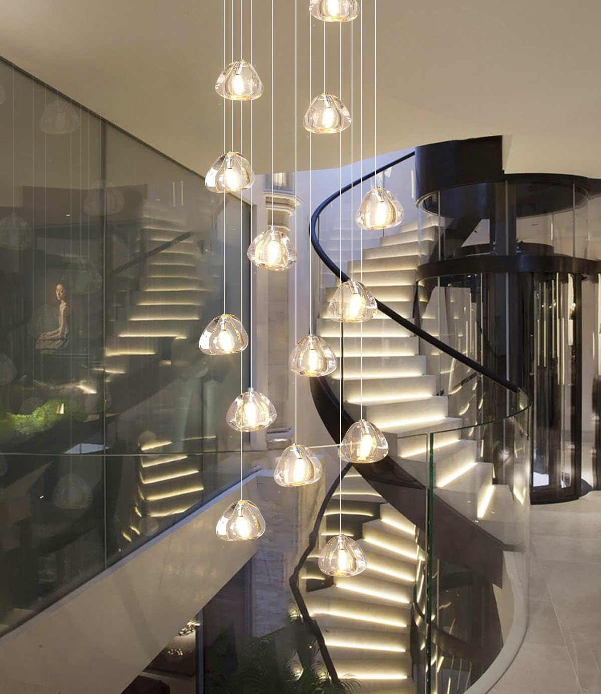 14 Lights Chandeliers Modern LED Crystal Ceiling Light Flush Mount Sloped High Ceiling Light Staircase Luxury Pendant Light Living Room Entryway Foyer Chandelier 138"