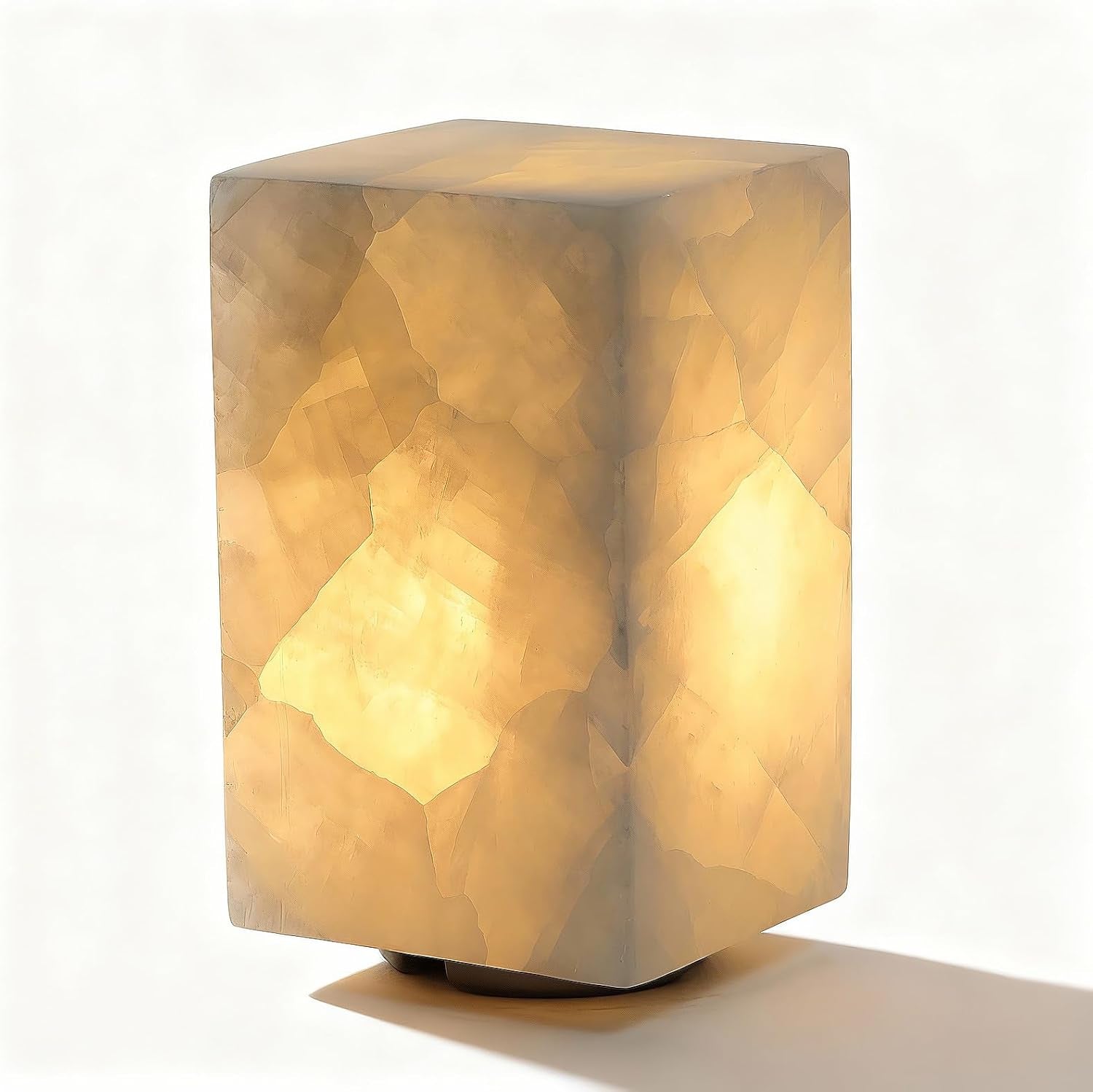Natural Solid Stone Table Lamp with One-Of-A-Kind Crystal Texture, Small Accent Lamp with 3 Colors Dimmable LED, Unique Lamp for Bedroom Living Room, Cuboid White