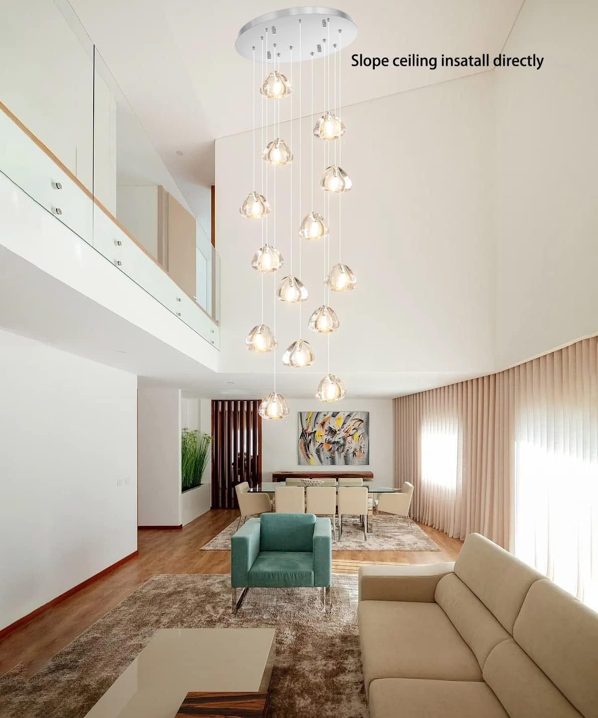 14 Lights Chandeliers Modern LED Crystal Ceiling Light Flush Mount Sloped High Ceiling Light Staircase Luxury Pendant Light Living Room Entryway Foyer Chandelier 138"