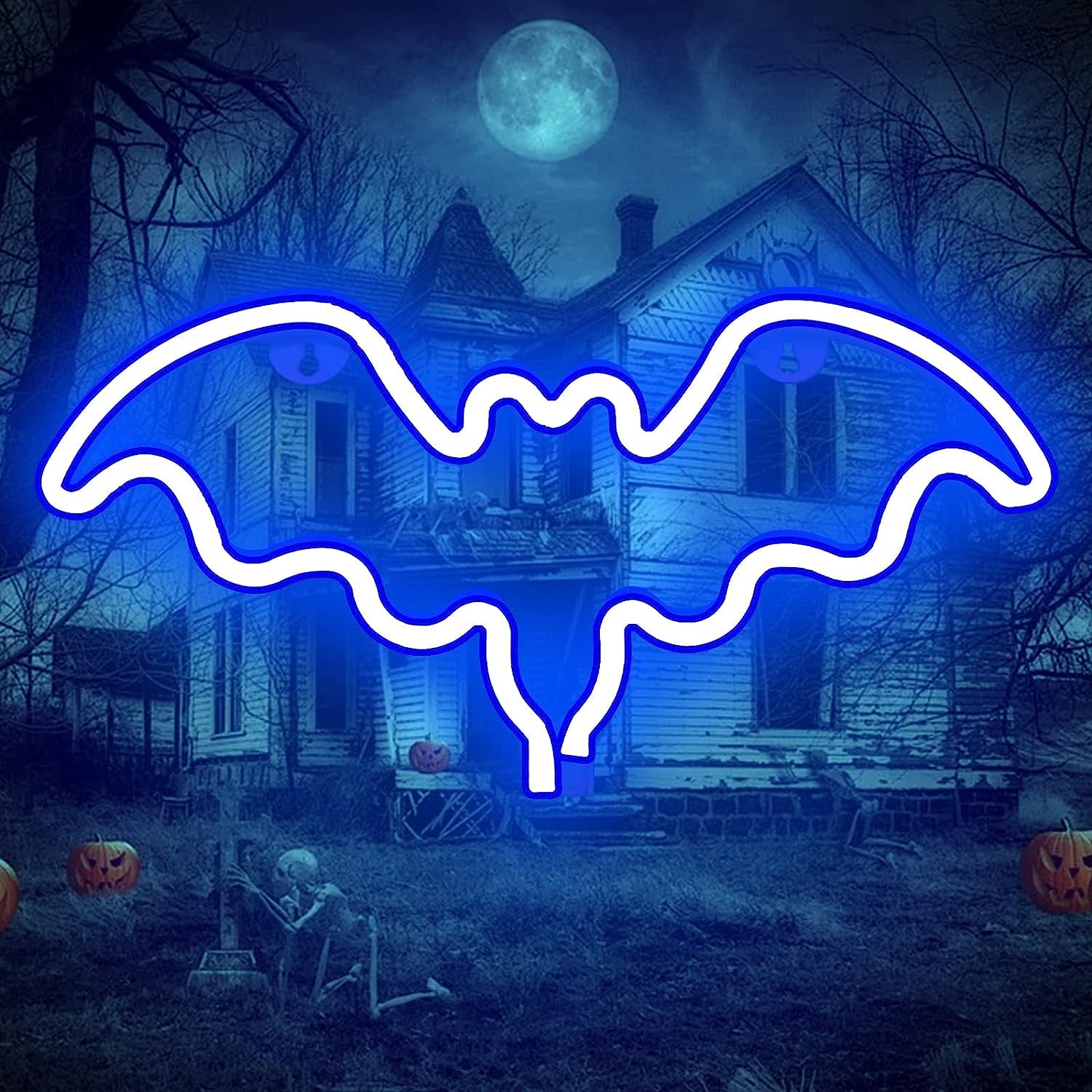 Bat Neon Signs, Neon Signs for Wall Decor Halloween Decoration Bat LED Neon Sign, Battery or USB Powered Neon Lights for Bedroom Wall, Halloween Party, Bar, Kids Room (Blue)