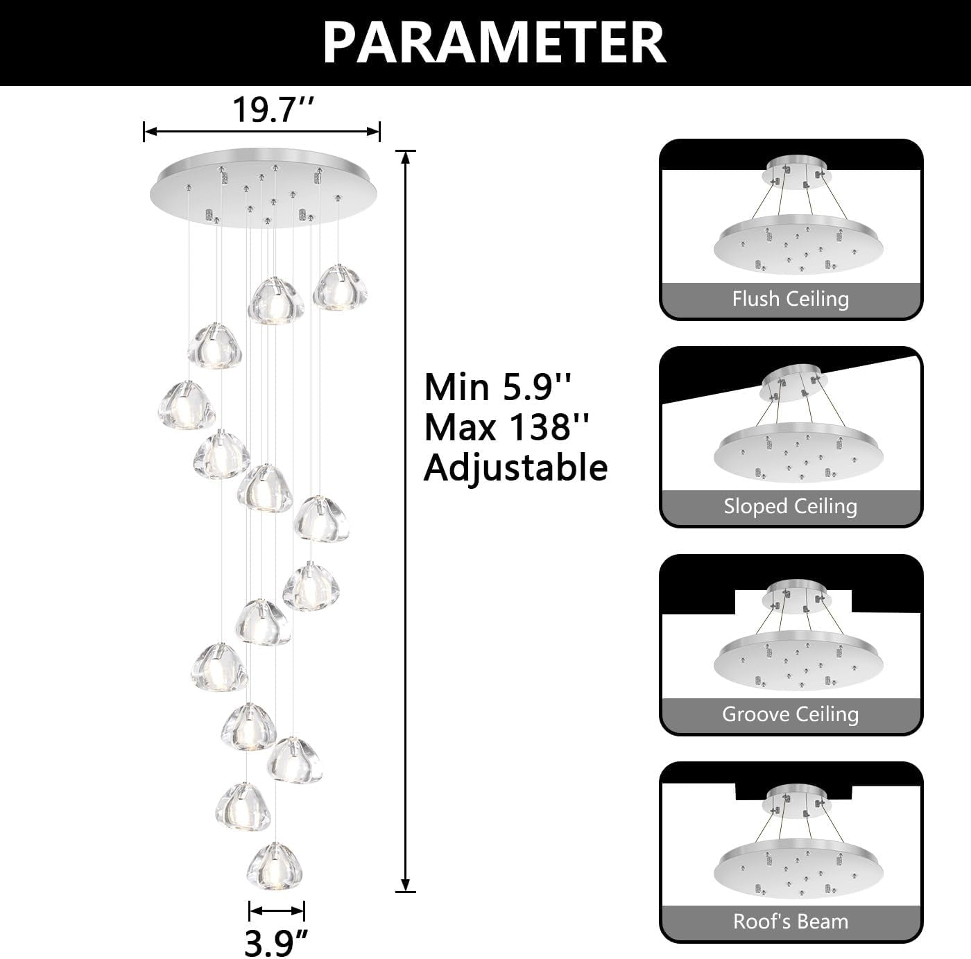 14 Lights Chandeliers Modern LED Crystal Ceiling Light Flush Mount Sloped High Ceiling Light Staircase Luxury Pendant Light Living Room Entryway Foyer Chandelier 138"
